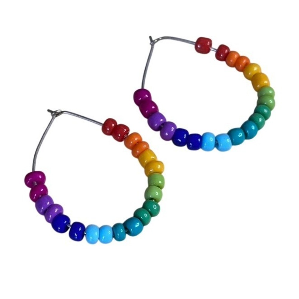 Rainbow Beaded Hoop Earrings Multicolor Seed Bead Teardrop Boho Pride Jewelry - Picture 2 of 2